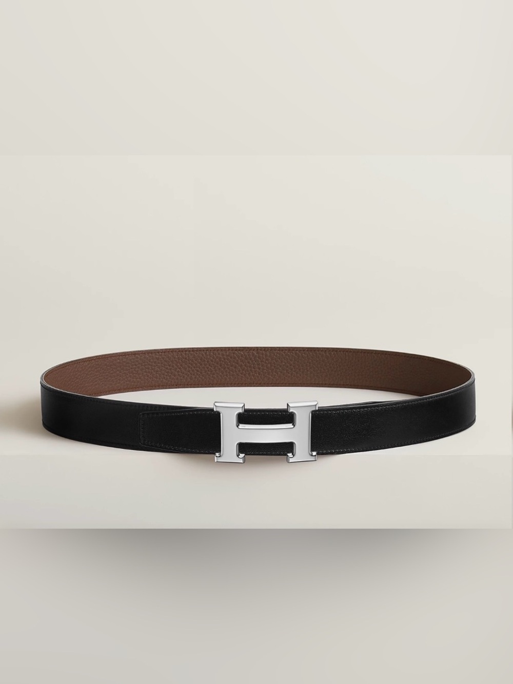 Hermes Black and Brown Leather Belt with Silver H Buckle
